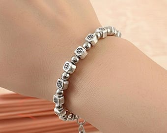 Silver Beaded Bracelet – Adjustable Boho Jewelry, Lotus Flower Charm Beads, Minimalist Wristwear