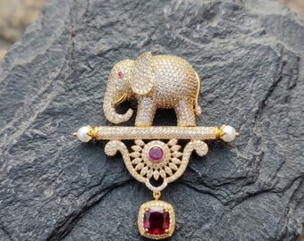 Handmade Gold Plated Elephant Brooch with Red Stones, Indian Traditional Wedding Jewelry for Men, Royal Sherwani Pin