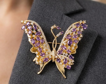 Amethyst Butterfly Brooch – Gold Filigree Nature Jewelry, Vintage Style Insect Pin