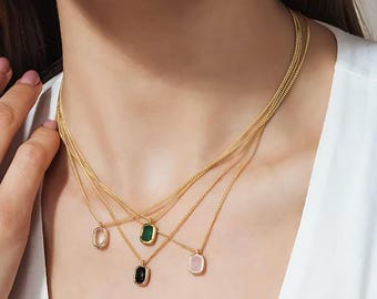 Gold Plated Sterling Silver Gemstone Necklace, Onyx, Quartz Pendant