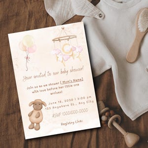 Invito per baby shower a tema orsacchiotto: palloncini pastello, luna e stelle (modello Canva - download digitale)