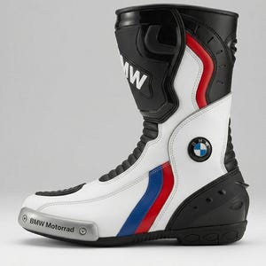 Puede incluir: Bota de moto blanca y negra con detalles rojos y azules. La bota presenta el logotipo de BMW y la inscripción "BMW Motorrad". Diseñada para la protección y el estilo, un equipo esencial.