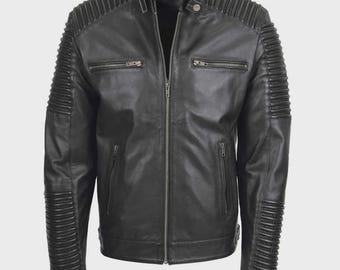Leather Jacket Men Vintage Genuine Biker | Slim Fit Classic Black Motorcycle Riding Coat