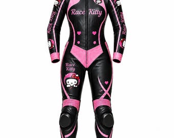 Motorcycle Racing Leather Suit For Women | Kitty Printed Pink Leather Overall | Separate Women's Biker Jacket Optional