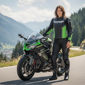 Può includere: Una moto Kawasaki Ninja nera e verde con una donna che indossa una giacca e pantaloni da moto neri e verdi abbinati. La moto è parcheggiata su una strada asfaltata con montagne sullo sfondo.