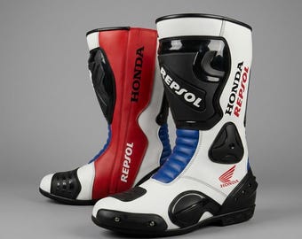 Honda Repsol Leather Motorcycle Racing Boots | MotoGP Biker Motorbike Shoes