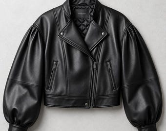 Black Leather Jacket Women, Cropped Biker Jacket, Cafe Racer Coat