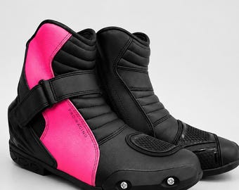 Women's Motorcycle Boots Pink, Racing Boots, Biker Ankle Boots, Moto Riding Boots, Protective Motorbike Footwear
