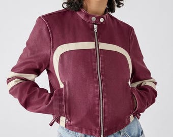 Women's Pink Cropped Leather Jacket | Cafe Racer Motorcycle Jacket | Stipe Biker Coat | Vintage Jacket