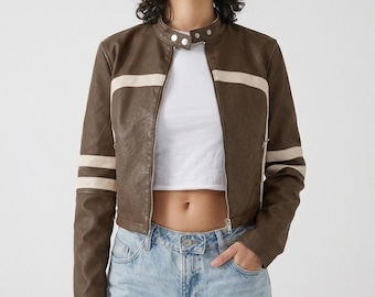 Women's Brown Cropped Leather Jacket | Cafe Racer Motorcycle Jacket | Stipe Biker Coat | Vintage Jacket