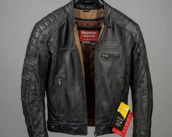 Men's Distressed Black Cowhide Leather Motorcycle Jacket | Cafe Racer Biker Style Quilted Lining