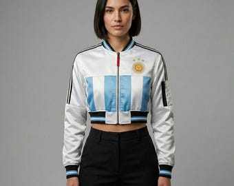 Women's Argentina Cropped Bomber Jacket | World Cup 26 | 3 Stars Sun Badge | Football Fan Gift | Satin Varsity Soccer Jacket