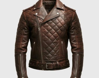 Brown Quilted Leather Biker Jacket, Gothic Moto Streetwear Coat