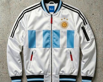 Argentina Soccer Fan Jacket | Football Gift World Cup 2026 | Satin Bomber Jacket | Soccer Gift Men Women | Albiceleste Football Jersey