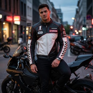 Puede incluir: Chaqueta de moto de cuero negro y blanco con detalles rojos, con el número "1" y el texto "Star Wars". La chaqueta tiene un patrón de cuadros en las mangas y se combina con pantalones negros. Se ve un logotipo de Yamaha.