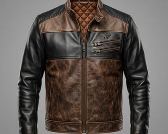 Men's Distressed Brown Leather Jacket | Vintage Biker Jacket | Black n Brown Quilted Cafe Racer Motorcycle Jacket | Eagle Patch Gift for Him