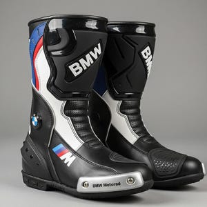 Puede incluir: Par de botas de moto BMW negras y blancas. Las botas tienen un diseño de caña alta con el logotipo de BMW y detalles en azul y rojo. Las botas tienen un logotipo de BMW Motorrad en la puntera y están hechas de cuero.