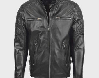 Men's Genuine Leather Biker Jacket | Quilted Shoulder Slim Fit Black Motorcycle Coat