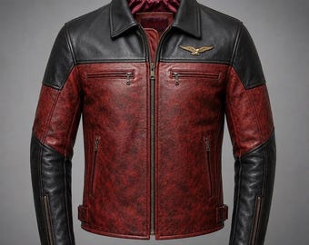 Red Black Leather Jacket Men, Distressed Biker Coat, Eagle Motorcycle Jacket, Vintage Moto Jacket, Gift for Him