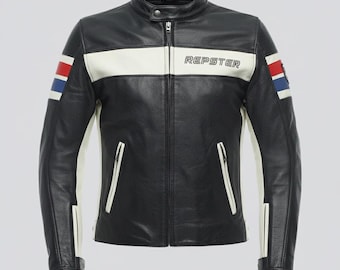 Repster 1993 Retro Racing lädermotorcykeljacka | Svart Café Racer-motorcykeljacka | Vintage tricolor moto-stil