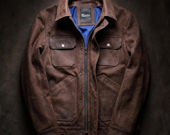 Men's Brown Leather Jacket – Vintage Style - Snap Button Pockets - Handmade for Him