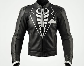 Men's Skull Tuxedo Leather Biker Jacket, Gothic Punk Motorcycle Coat