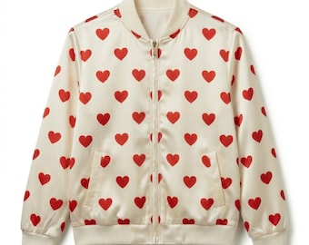 Silk Bomber Jacket Heart Print, Satin Date Night Outerwear