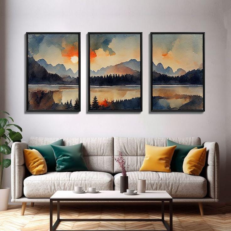 This triptych features a serene forest scene with stylized trees