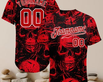 Custom Name Halloween Skull 3D Baseball Jersey Red Black Spooky Horror Costume Top