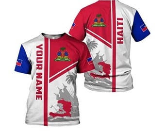 Personalized Haiti Flag T-Shirt with Coat of Arms & Map of Haiti, Custom Name on Sleeve, Unisex Haiti Soccer Jersey Fan Tee