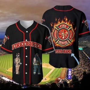 Custom Name Firefighter Baseball Jersey Flame Rescue Honor Courage Shirt