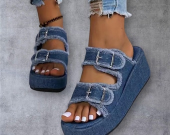 Denim Buckle Sandals: Women&#39;s Summer Open Toe Flat Shoes