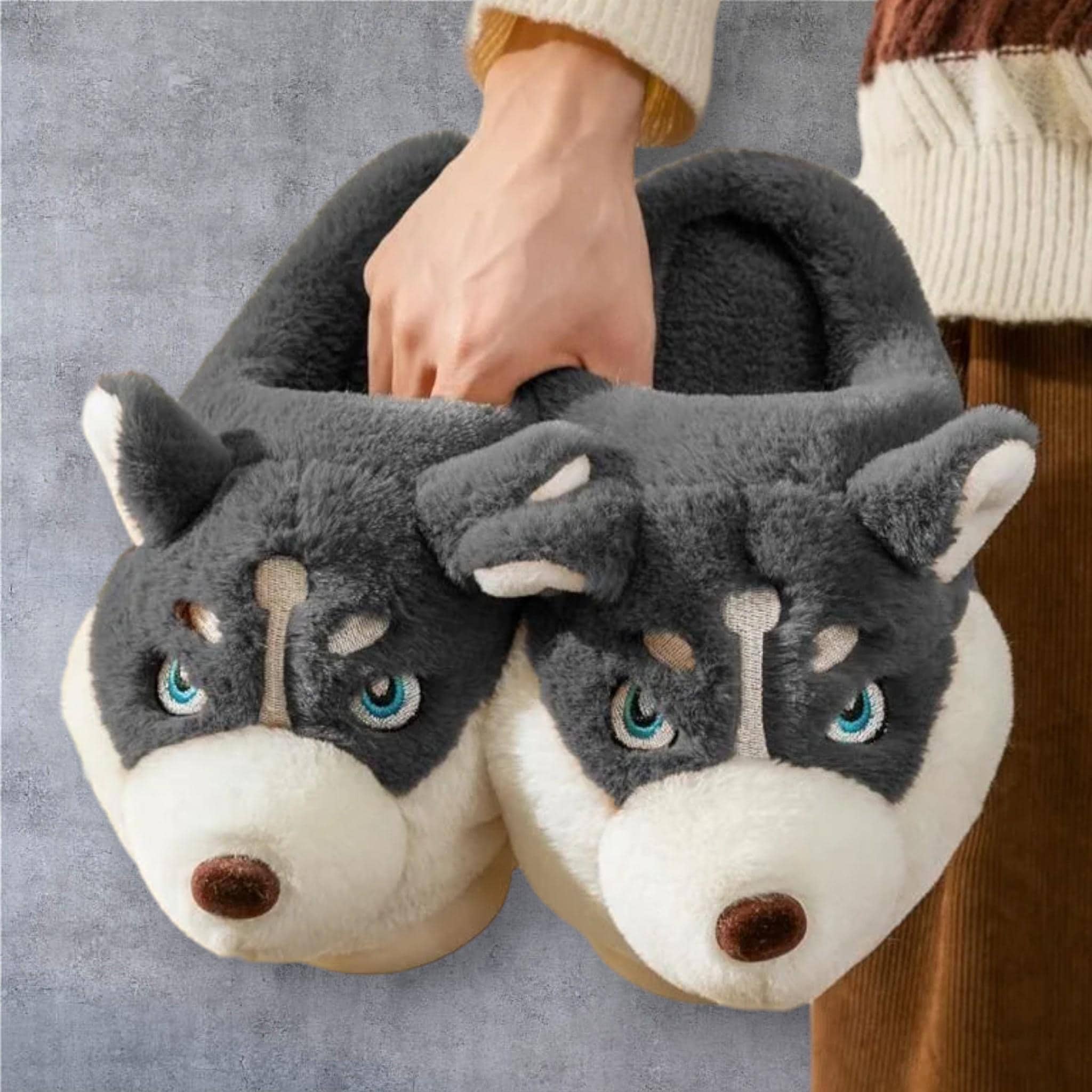 Dark Gray Dog Plush Slippers: Cozy Animal House Shoes