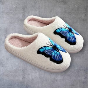 Unisex Butterfly Embroidery Cotton Plush Slippers | Soft Fuzzy Indoor Shoes | Cozy Home Slippers | EU & US Sizes
