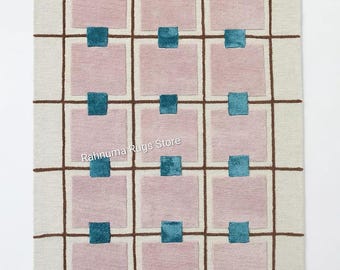 Anthro-Inspired Check Pattern Hand tufted rugs Loop & Cut Pile 8x10 feet Wool-Silk pastel pink and white For Hall and Kitchen, Guest room.