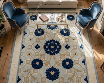 Elegant Blue Floral Hand Knotted Carpet Classic Blue and Beige Floral Knotted Rug Elegant Handmade Knotted Bedroom Carpet 8x10 saiz.