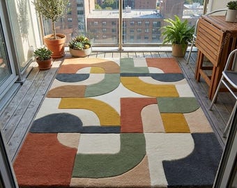 Handmade Geometric Area Rug Colorful Abstract Tufted Carpet Abstract Pattern Handmade Carpet Stylish Modern Wool Rug any size available.
