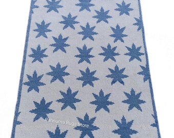 Handwoven Oushak Carpet in Blue & White Soft Star Motif Oushak Floor Carpet Luxury  for Living Room Unique Blue Star Oushak Rug 8x10 saiz