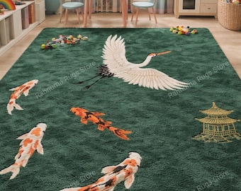 Nature Inspired Tufted Rug – Crane Bird and Koi Fish Area Carpet Artistic Green Tufted Rug unique Handmade 100% wool any 5x8 size available.