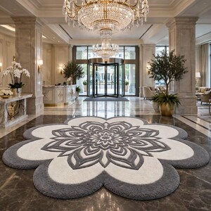 May include: A large, flower-shaped area rug featuring a central mandala pattern in shades of dark gray and cream. The rug has a thick, textured pile and is positioned on a polished marble floor in a grand hotel lobby with a crystal chandelier.
