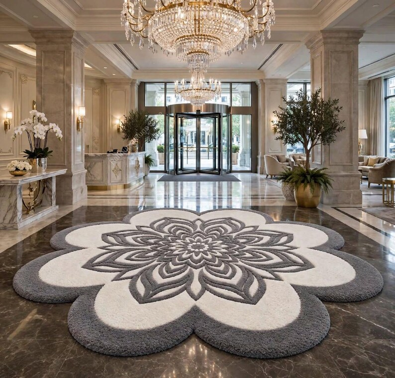 May include: A large, flower-shaped area rug featuring a central mandala pattern in shades of dark gray and cream. The rug has a thick, textured pile and is positioned on a polished marble floor in a grand hotel lobby with a crystal chandelier.