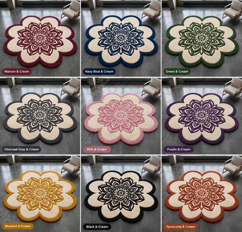 May include: A collection of nine flower-shaped area rugs, each featuring a central mandala-style pattern in various colors including maroon, navy blue, green, charcoal gray, pink, purple, mustard, black, and terracotta, all contrasted with cream.