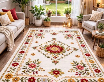 Cream Floral Cotton Dari Carpet for Living Room Décor Handwoven Floral Dari Carpet with Cream Base and Red Medallion 5x8 any size available.