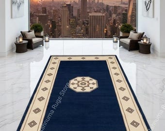 Handmade Blue and Ivory Hand Knotted Wool Area Rug Stylish Blue Center Medallion Knotted Rug 100% woll 8x10 saiz Traditional Knotted Rug.