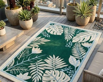 Premium Emerald Green Botanical Woolen Carpet for Living Room Premium Quality Embossed Leaf Pattern Green Carpet any 8x10 saiz available.