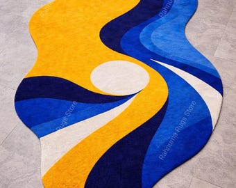 Modern Abstract Tufted Rug, Blue Yellow Area Rug, Irregular Shape Carpet 100% wool Handmade Tufted Abstract Rug modern Carpet any 8x10 saiz.