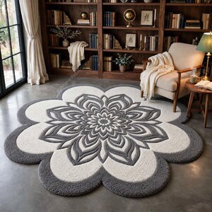 May include: A large, circular, flower-shaped area rug featuring a central mandala-inspired pattern. The rug is constructed with a thick, tufted texture in alternating shades of cream and dark gray, creating a distinct floral petal design.