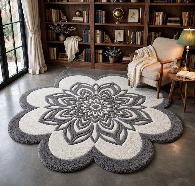 May include: A large, circular, flower-shaped area rug featuring a central mandala-inspired pattern. The rug is constructed with a thick, tufted texture in alternating shades of cream and dark gray, creating a distinct floral petal design.