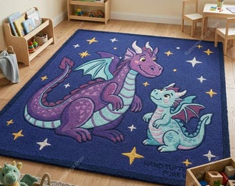 Handmade Wool Dragon  Cute Dragon Tufted Carpet Soft Kids Playroom Carpet Colorful Fantasy Tufted Rug Purple Dragon Kids Room Rug 5x8 size.