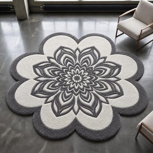 May include: A large, circular area rug shaped like a flower with six rounded petals. The rug features a high-contrast design with a dark gray, intricate, symmetrical mandala-style pattern centered on a cream-colored background with gray borders.